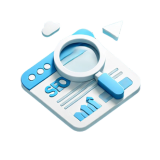 Immagine minimalista per il servizio di SEO con una lente di ingrandimento su un'icona di ricerca