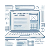 Immagine minimalista per il servizio di sviluppo web e design con simboli di codici e un laptop