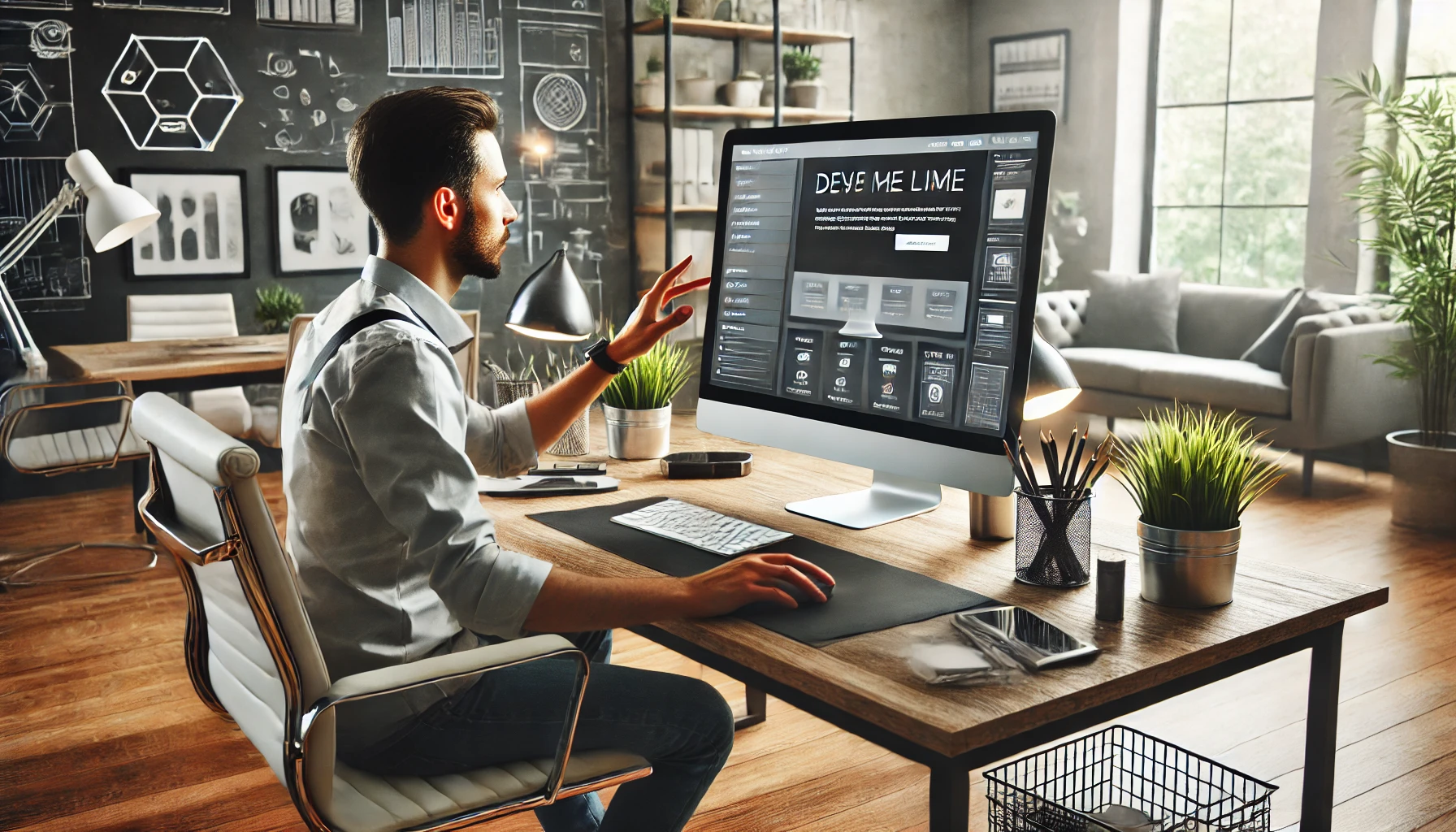 Designer professionista che lavora su un'interfaccia web moderna su un monitor ad alta risoluzione in un ufficio minimalista.
